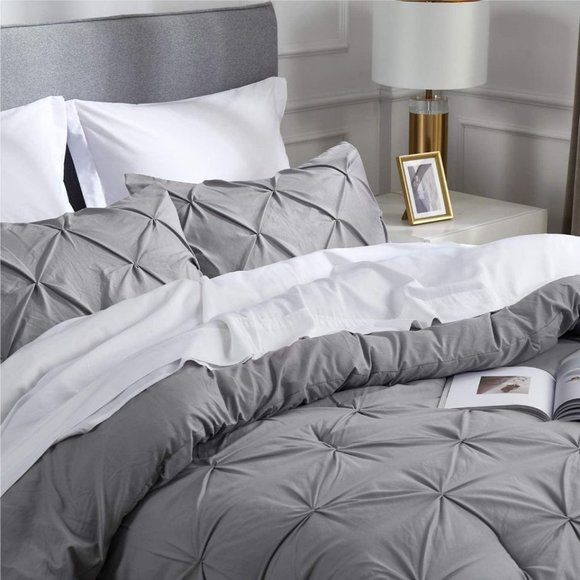 New Grey 3 Piece Pinch Pleated QUEEN Comforter Bedding Set - Picture 2 of 5